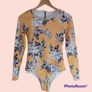Touché Balneaire Yellow Floral One Piece, Long Sleeve Swimsuit